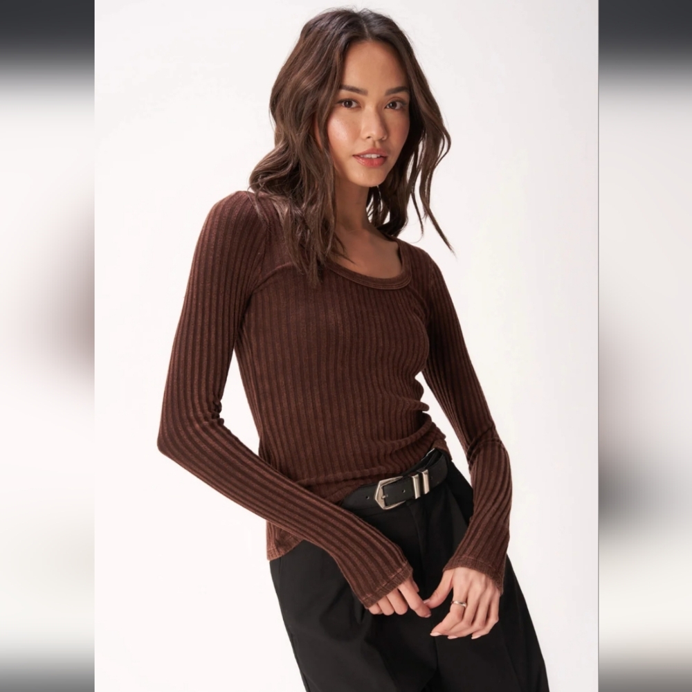 Project Social T What's The Scoop Washed Rib Brown Long Sleeve Shirt Women's XS